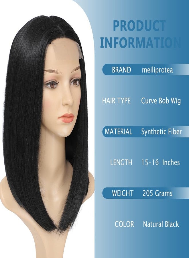 مِيلِيبْرُوتِيا شعر مستعار أسود بوب من ميليبروتيا، فرق وسطي، شعر مستعار صناعي بدون غراء، مقدمة دانتيل، طول 15 بوصة، طول الكتف، شعر مستعار قصير مستقيم بدون غرة، مناسب للنساء البيض والسود للاستخدام اليومي في الحفلات (1B) - Image 2